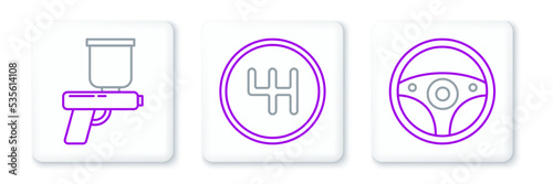 Set line Steering wheel, Paint spray gun and Gear shifter icon. Vector