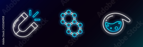 Set line Test tube and flask chemical, Magnet and Molecule icon. Glowing neon. Vector photo