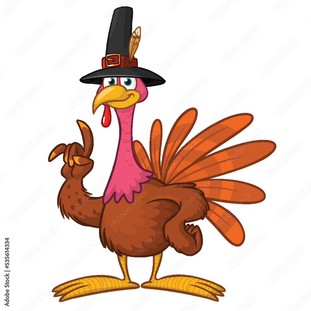 Obraz premium Cartoon happy cute thanksgiving turkey bird. Vector illustration isolated. Design for Thanksgiving Day