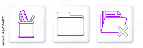 Set line Delete folder, Pencil case stationery and Document icon. Vector