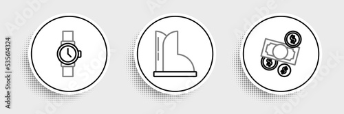 Set line Money cash and coin, Wrist watch and Waterproof rubber boot icon. Vector