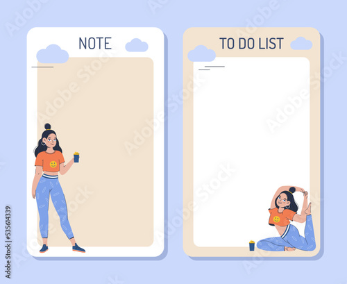 A collection of weekly or daily planner, note paper, to-do list, sticker templates decorated with cute illustrations of a sporty girl. Fashionable sports planner or organizer. Flat vector illustration
