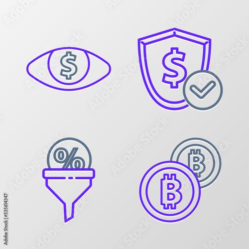 Set line Cryptocurrency coin Bitcoin, Lead management, Shield with dollar and Eye icon. Vector