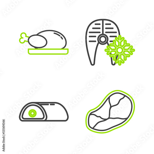 Set line Steak meat, Meat, Fresh frozen fish steak and Roasted turkey or chicken icon. Vector