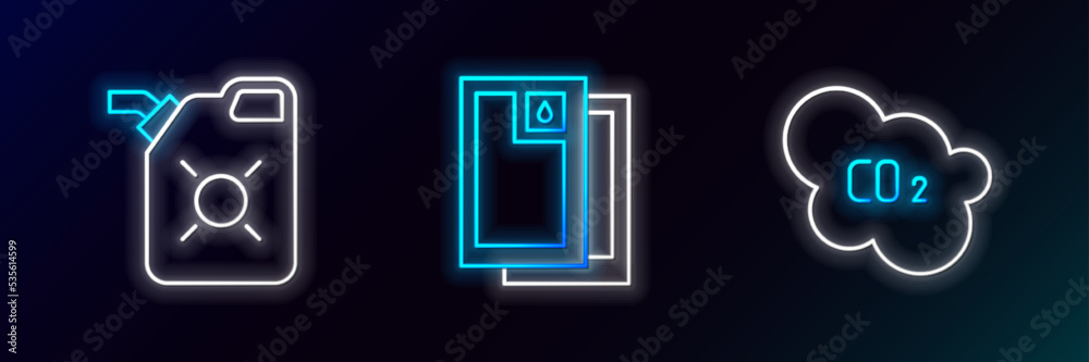 Set line CO2 emissions in cloud, Canister for motor oil and Barrel icon. Glowing neon. Vector Set line CO2 emissions in cloud, Canister for motor oil and Barrel icon. Glowing neon. Vector