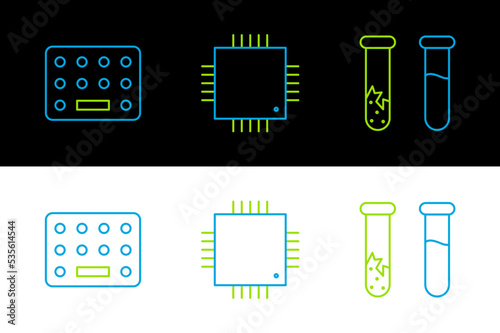 Set line Test tube and flask, Pills in blister pack and Processor with microcircuits CPU icon. Vector