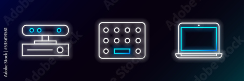Set line Laptop, Motion sensor and Pills in blister pack icon. Glowing neon. Vector