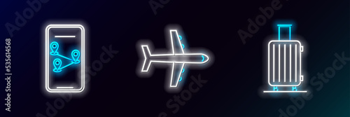Set line Suitcase for travel, Infographic of city map navigation and Plane icon. Glowing neon. Vector