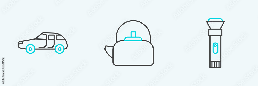 Set line Flashlight, Car and Kettle with handle icon. Vector Set line Flashlight, Car and Kettle with handle icon. Vector