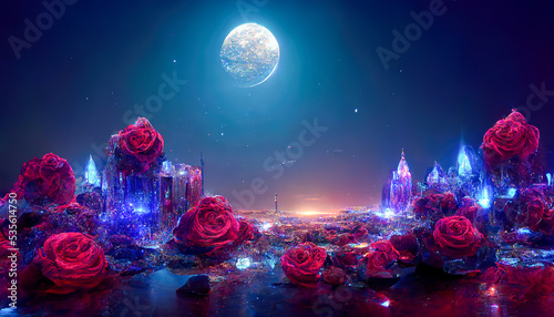 Crystals and roses, colorful night landscape.