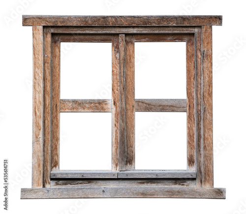 weathered vintage wooden brown window frame isolated on white