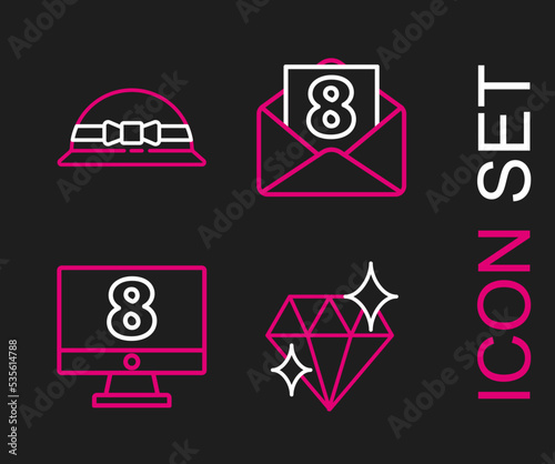 Set line Diamond, 8 March monitore, Envelope with and Elegant women hat icon. Vector