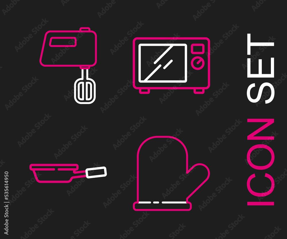 Set line Oven glove, Frying pan, Microwave oven and Electric mixer icon. Vector Set line Oven glove, Frying pan, Microwave oven and Electric mixer icon. Vector