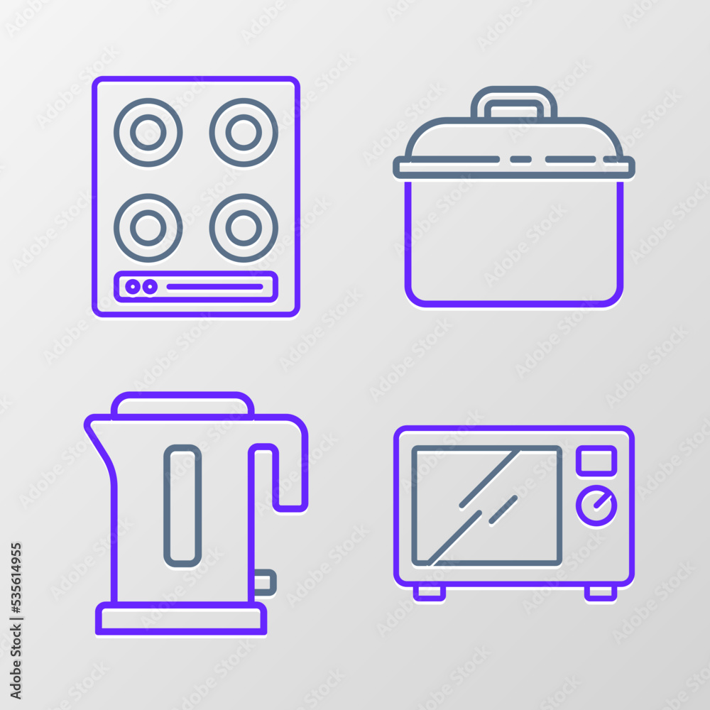 Set line Microwave oven, Electric kettle, Cooking pot and Gas stove icon. Vector