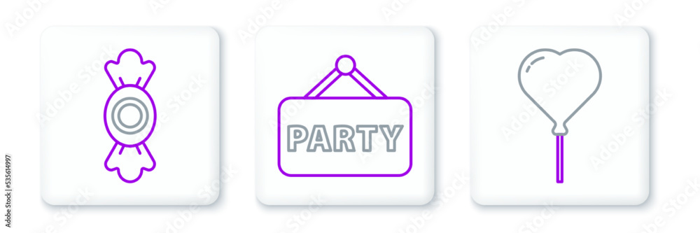 Set line Balloon in form of heart, Candy and Signboard party icon. Vector Set line Balloon in form of heart, Candy and Signboard party icon. Vector