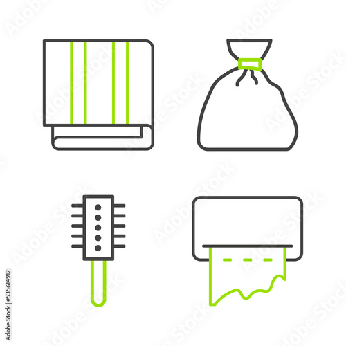 Set line Paper towel dispenser on wall, Hairbrush, Garbage bag and Towel stack icon. Vector