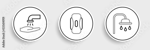 Set line Shower head, Washing hands with soap and Sanitary napkin icon. Vector