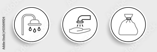 Set line Garbage bag, Shower head and Washing hands with soap icon. Vector