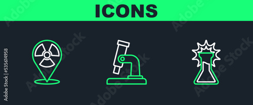 Set line Test tube and flask, Radioactive in location and Microscope icon. Vector