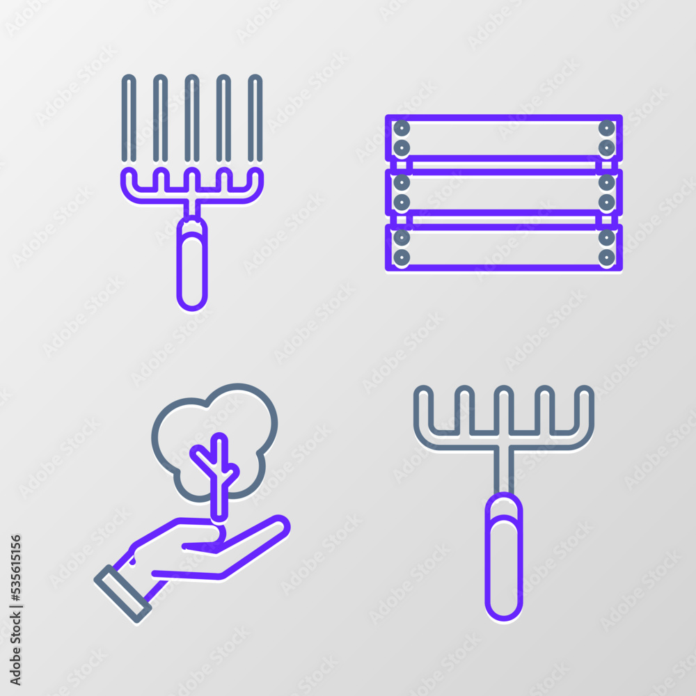 Set line Garden rake, Tree in hand of environmental protection, Wooden box and work icon. Vector Set line Garden rake, Tree in hand of environmental protection, Wooden box and work icon. Vector