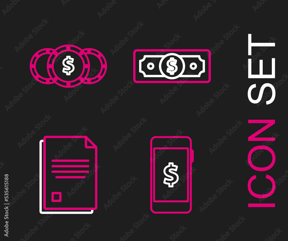Set line Smartphone with dollar symbol, File document, Stacks paper money cash and Coin icon. Vector Set line Smartphone with dollar symbol, File document, Stacks paper money cash and Coin icon. Vector