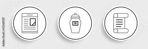 Set line Decree, parchment, scroll, Obituaries and Funeral urn icon. Vector