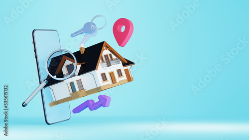 3d render. Find your dream home: model house on a map, house keys and icons, real estate mobile app, real estate search or sale concept