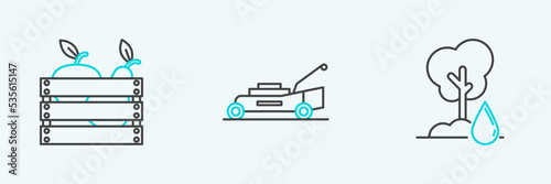 Set line Watering Tree, Wooden box for fruits and vegetables and Lawn mower icon. Vector