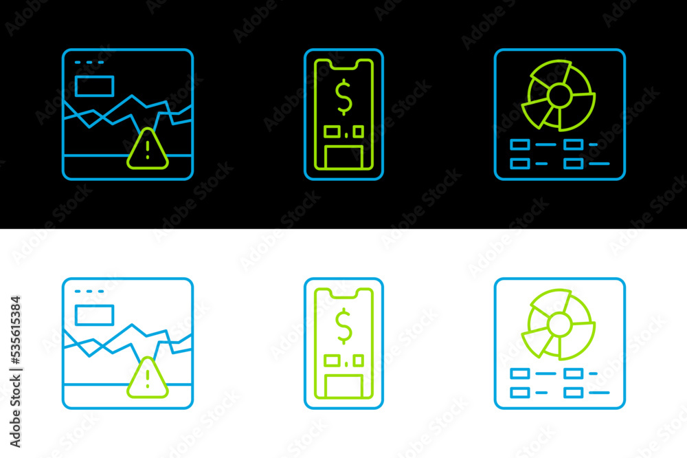 Set line Pie chart infographic, Failure stocks market and Mobile with dollar icon. Vector Set line Pie chart infographic, Failure stocks market and Mobile with dollar icon. Vector
