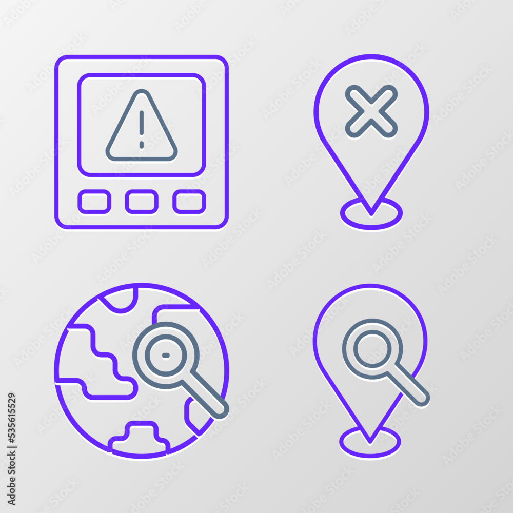 Set line Search location, Magnifying glass with globe, Location cross mark and Gps device error icon. Vector Set line Search location, Magnifying glass with globe, Location cross mark and Gps device error icon. Vector