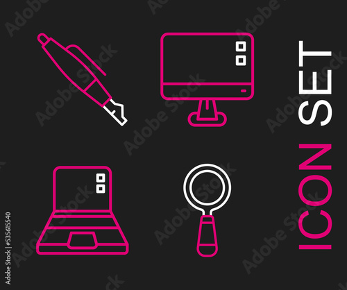 Set line Magnifying glass, Laptop, Computer monitor screen and Fountain pen nib icon. Vector