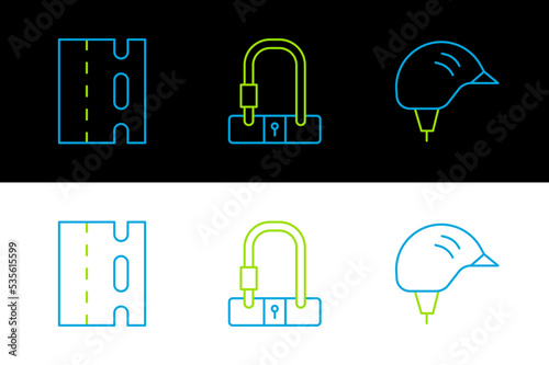 Set line Bicycle helmet, lane and lock icon. Vector