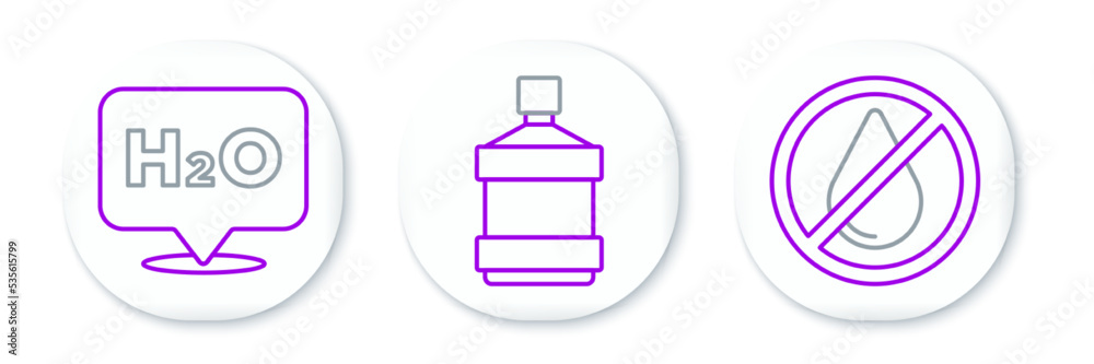 Set line Water drop forbidden, Chemical formula H2O and Big bottle with clean water icon. Vector Set line Water drop forbidden, Chemical formula H2O and Big bottle with clean water icon. Vector