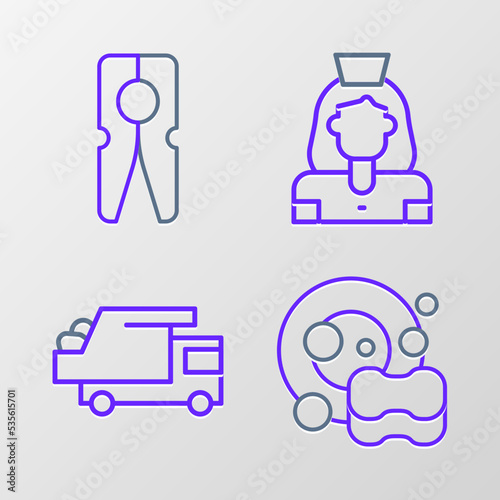 Set line Washing dishes, Garbage truck, Cleaning lady service and Clothes pin icon. Vector