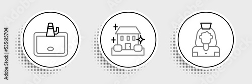 Set line Cleaning lady service, Washbasin and Home cleaning icon. Vector
