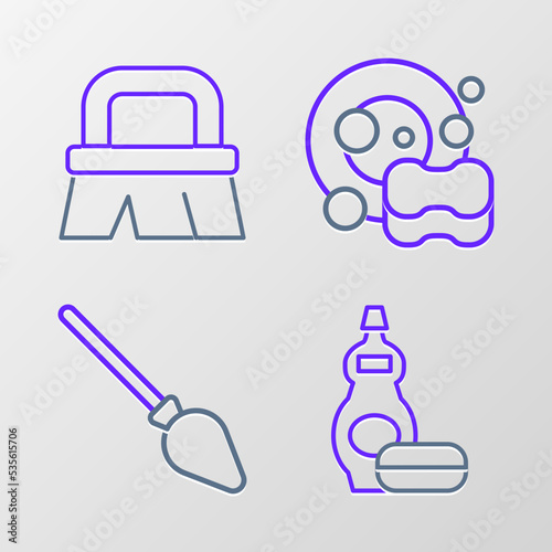 Set line Dishwashing liquid bottle, Handle broom, Washing dishes and Brush for cleaning icon. Vector