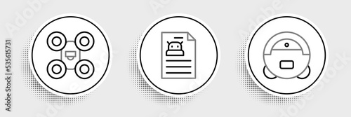 Set line Robot vacuum cleaner, Drone and Technical specification icon. Vector