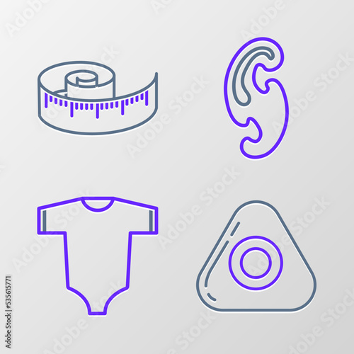 Set line Sewing chalk, Baby clothes, French curves and Tape measure icon. Vector