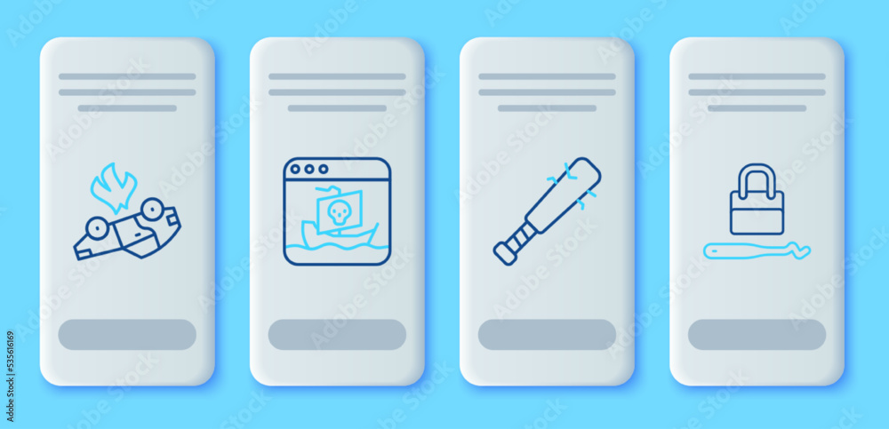 Set line Internet piracy, Baseball bat with nails, Burning car and Lock picks for lock picking icon. Vector Set line Internet piracy, Baseball bat with nails, Burning car and Lock picks for lock picking icon. Vector