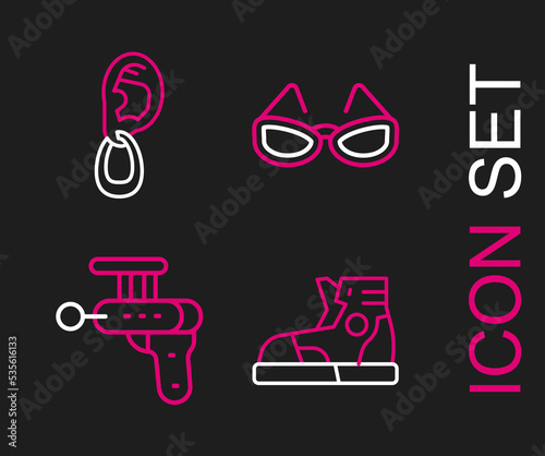 Set line Sport sneakers, Ray gun, Glasses and Ear with earring icon. Vector