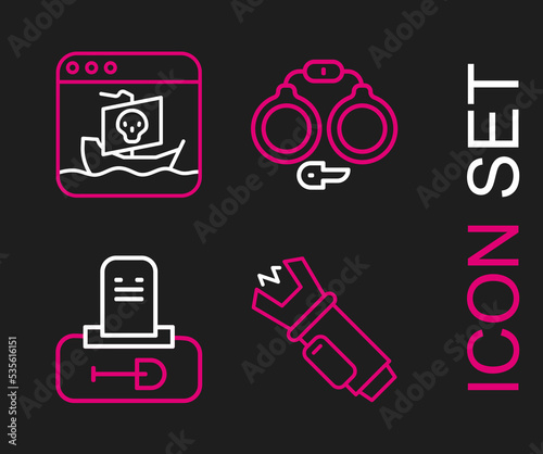 Set line Police electric shocker, Grave with tombstone, Handcuffs and Internet piracy icon. Vector