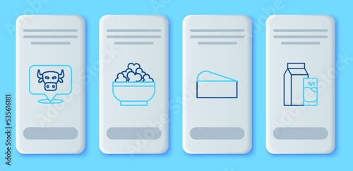 Set line Cottage cheese, Cheese, Cow head and Paper package for kefir icon. Vector