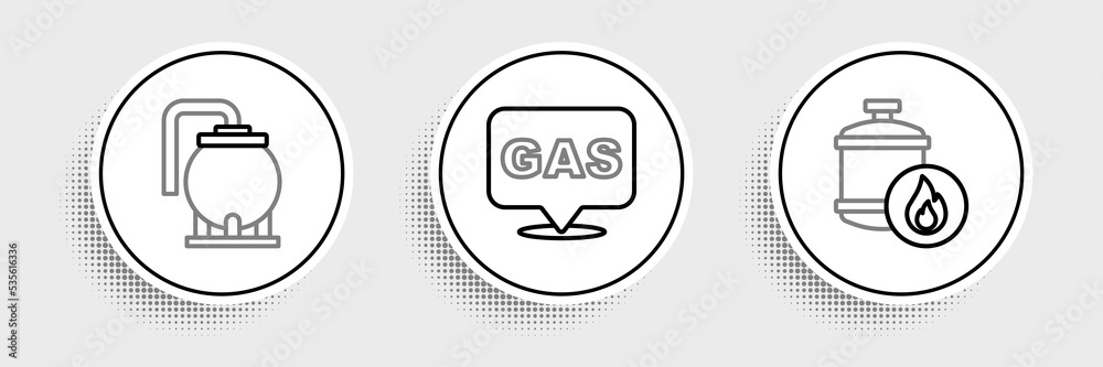 Set line Propane gas tank, Oil storage and Location and station icon. Vector Set line Propane gas tank, Oil storage and Location and station icon. Vector