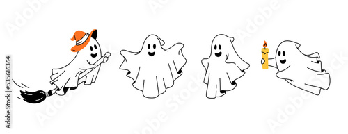Set of cute funny happy ghosts. Baby creepy boo characters for kids. Magic scary spirits with different emotions and facial expressions. Trendy vector illustration of comic phantoms for Halloween