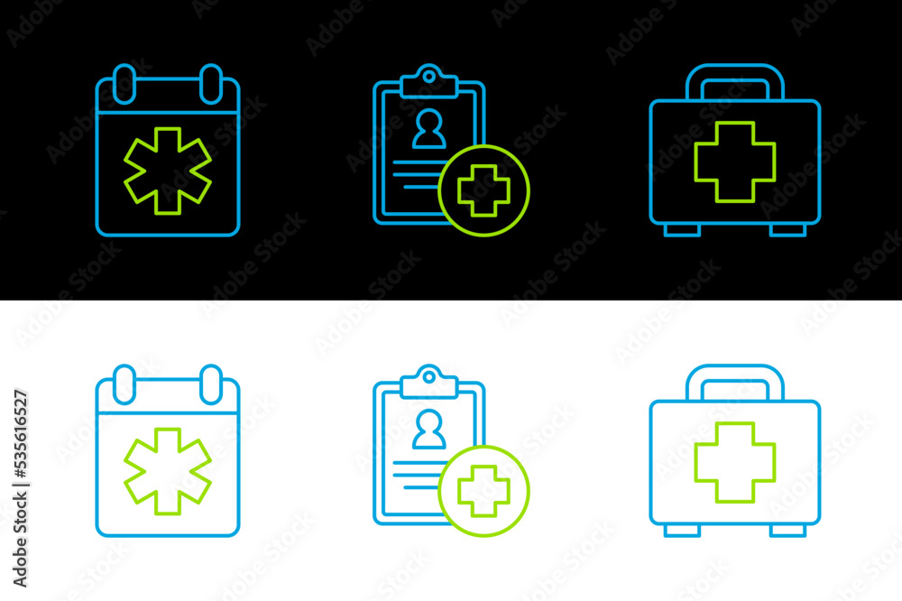 Set line First aid kit, Doctor appointment and Patient record icon. Vector
