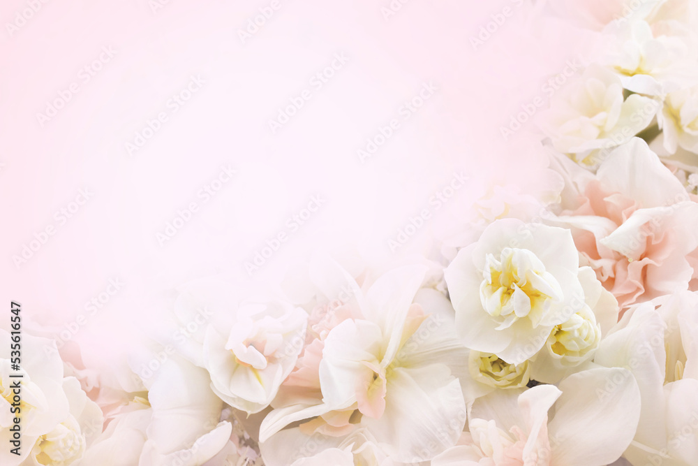 Blossoming white and light yellow daffodils and spring flowers festive background, bright springtime bouquet floral card, selective focus, shallow DOF Blossoming white and light yellow daffodils and spring flowers festive background, bright springtime bouquet floral card, selective focus, shallow DOF