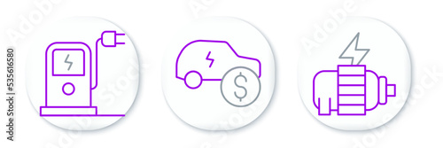 Set line Electric motor, car charging station and price icon. Vector