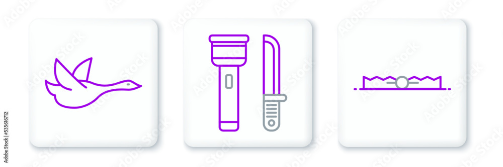 Set line Trap hunting, Flying duck and Flashlight and knife icon. Vector Set line Trap hunting, Flying duck and Flashlight and knife icon. Vector