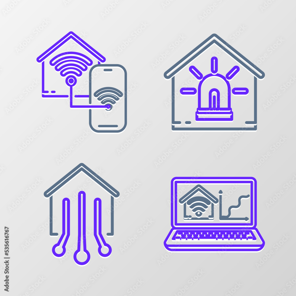 Set line Laptop with smart home with wi-fi, Smart, house and alarm and icon. Vector Set line Laptop with smart home with wi-fi, Smart, house and alarm and icon. Vector