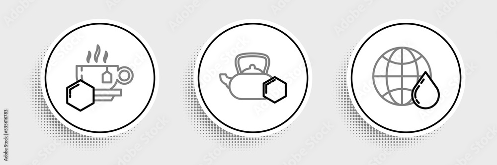 Set line Honeycomb map of the world, Cup tea with honey and Tea kettle icon. Vector Set line Honeycomb map of the world, Cup tea with honey and Tea kettle icon. Vector